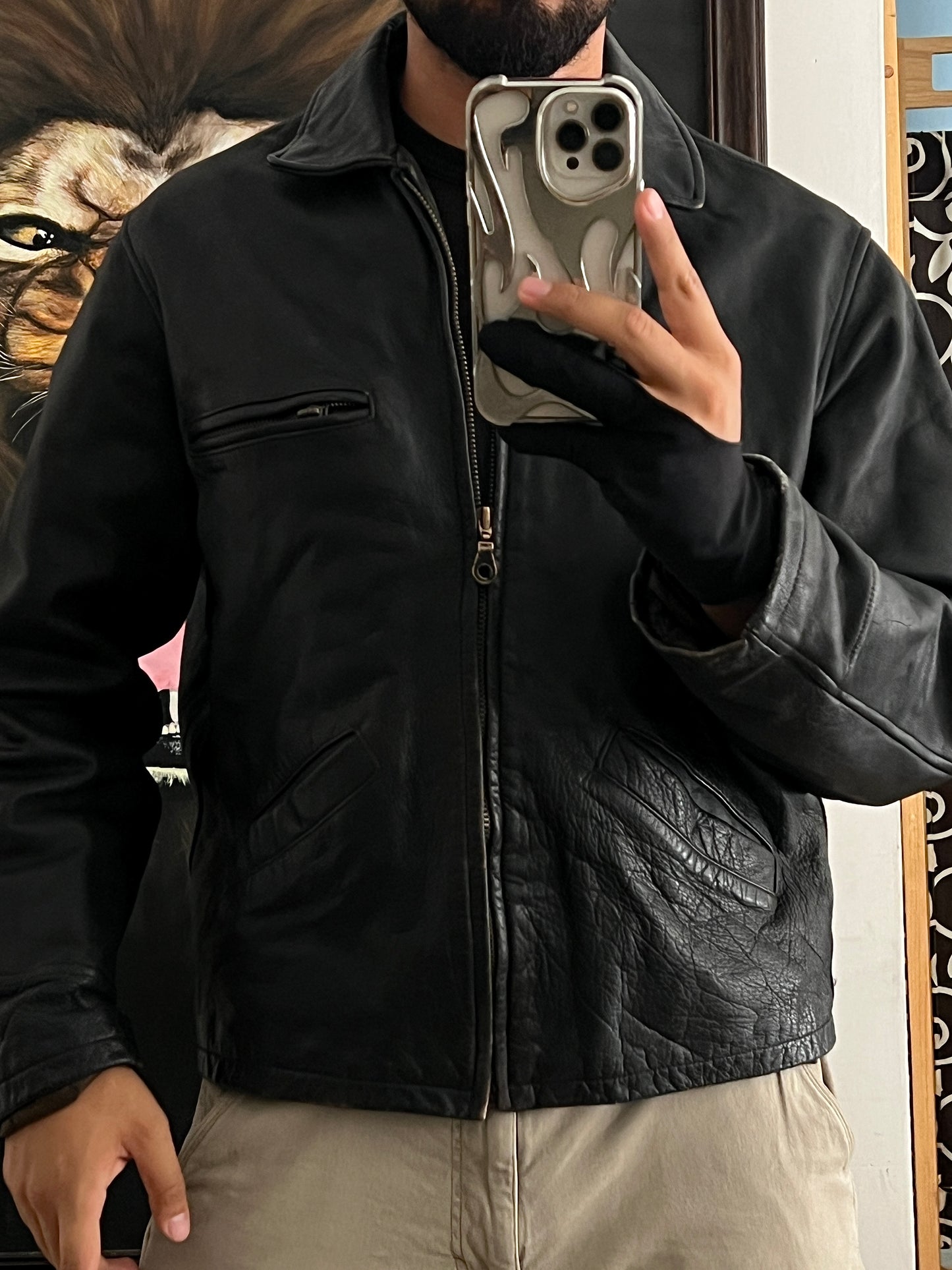 Vintage Leather bomber jacket shield (L)