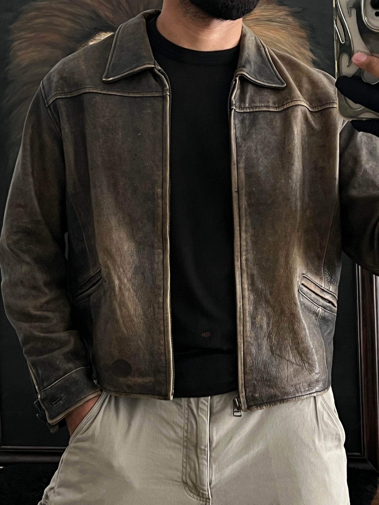 Distressed Bomber leather jacket (M)