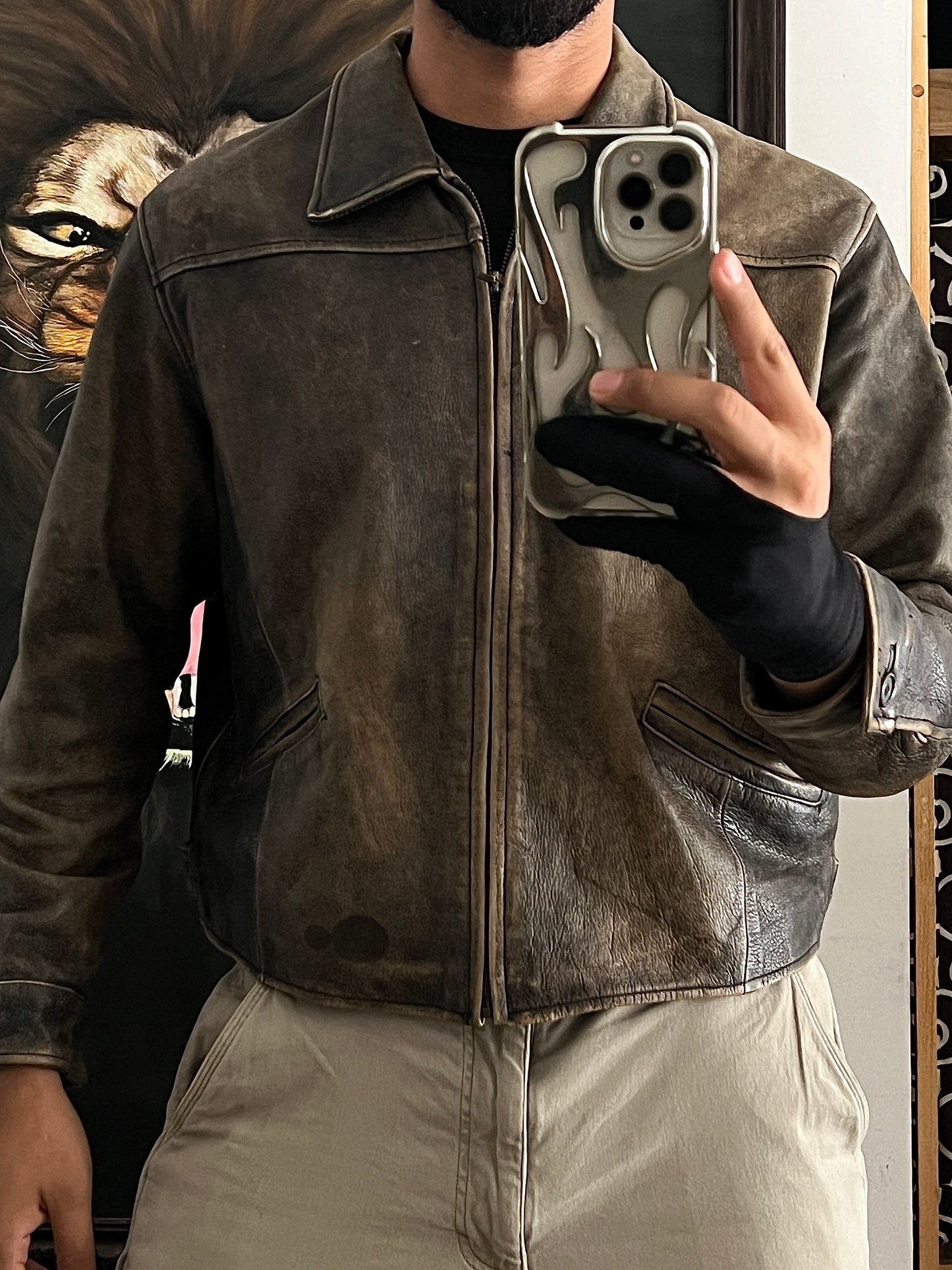 Distressed Bomber leather jacket (M)