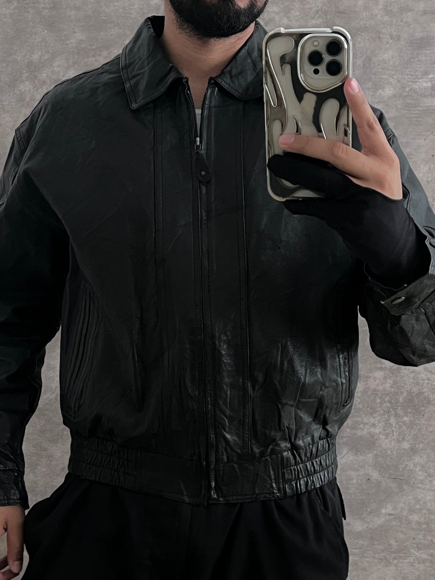 Black Bomber Leather Jacket (L)