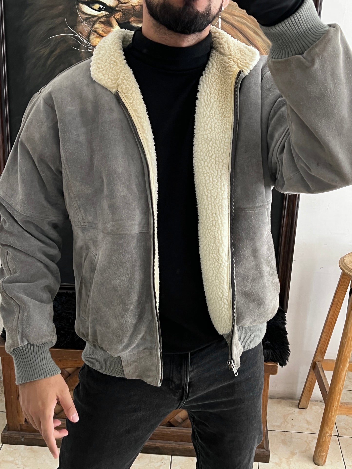 Bomber leather jacket sherpa (L)