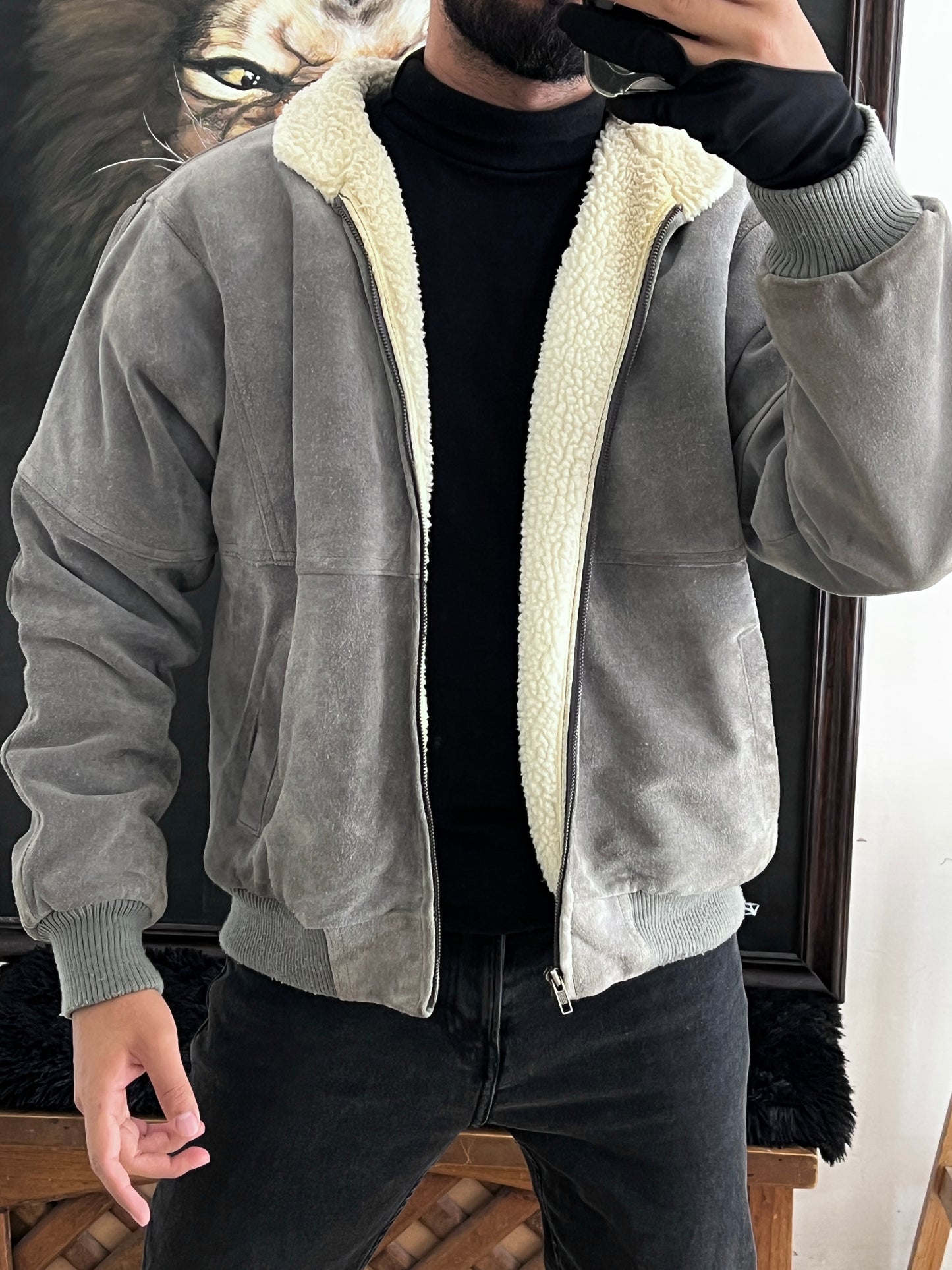 Bomber leather jacket sherpa (L)