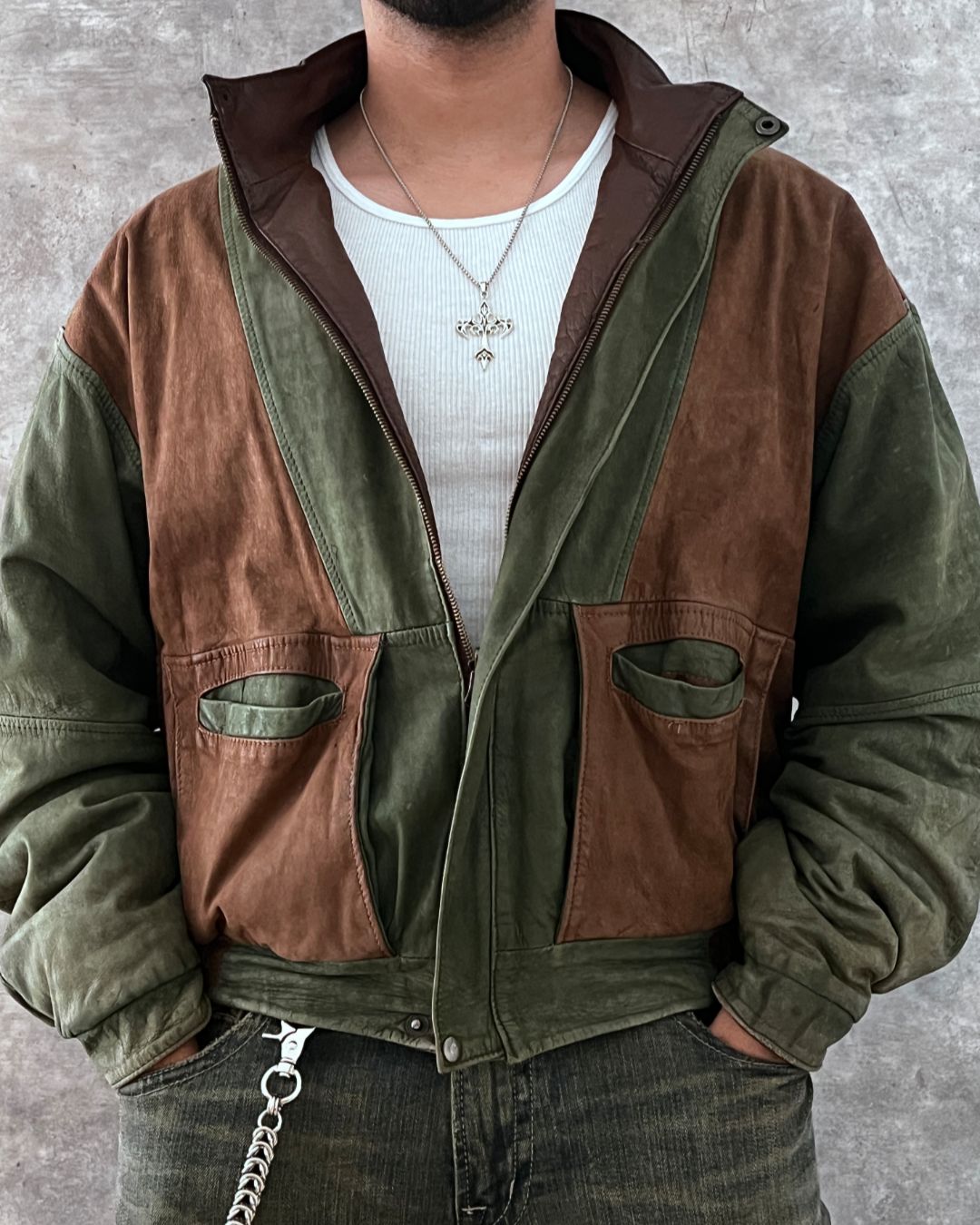 DOUBLE LEATHER JACKET CROPPED FIT (M)