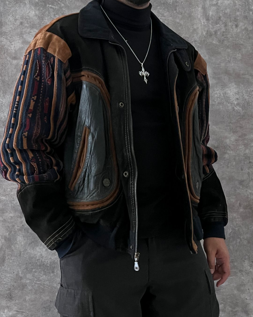 BOMBER LEATHER JACKET ETHNIC TECHWEAR (L)