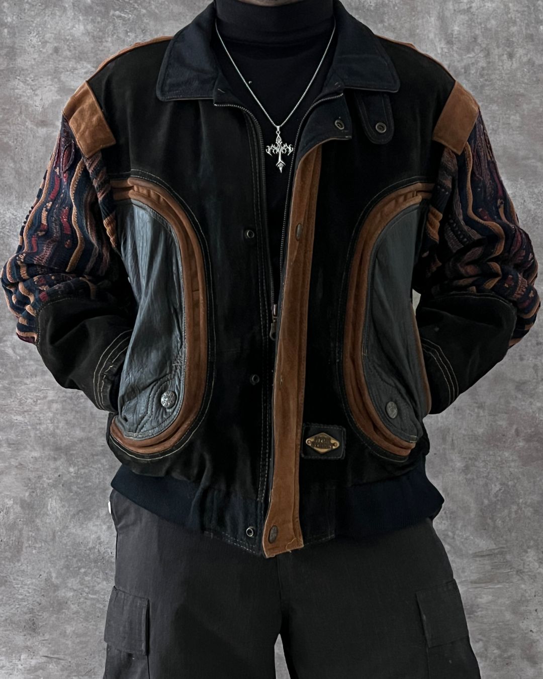 BOMBER LEATHER JACKET ETHNIC TECHWEAR (L)