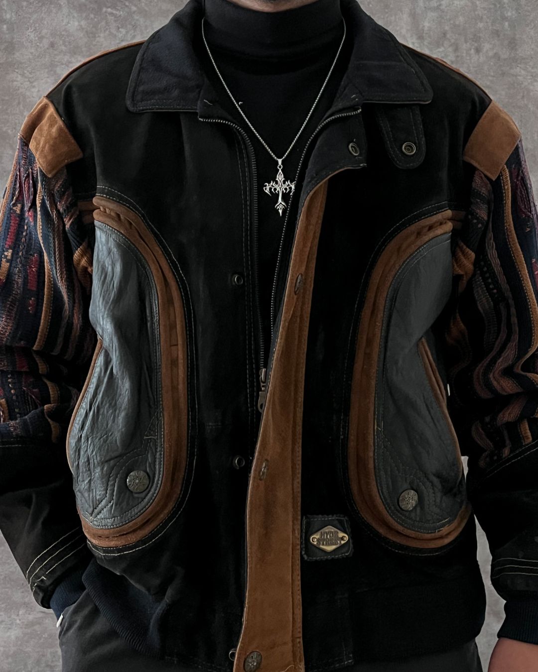 BOMBER LEATHER JACKET ETHNIC TECHWEAR (L)