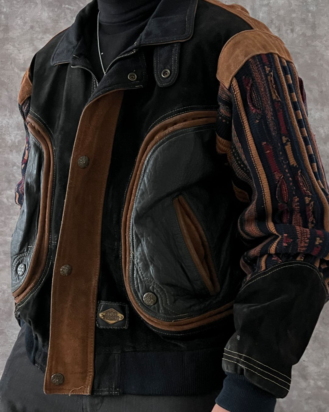 BOMBER LEATHER JACKET ETHNIC TECHWEAR (L)