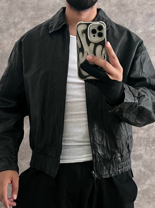 Black Bomber Leather Jacket (L)