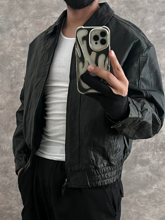 Black Bomber Leather Jacket (L)