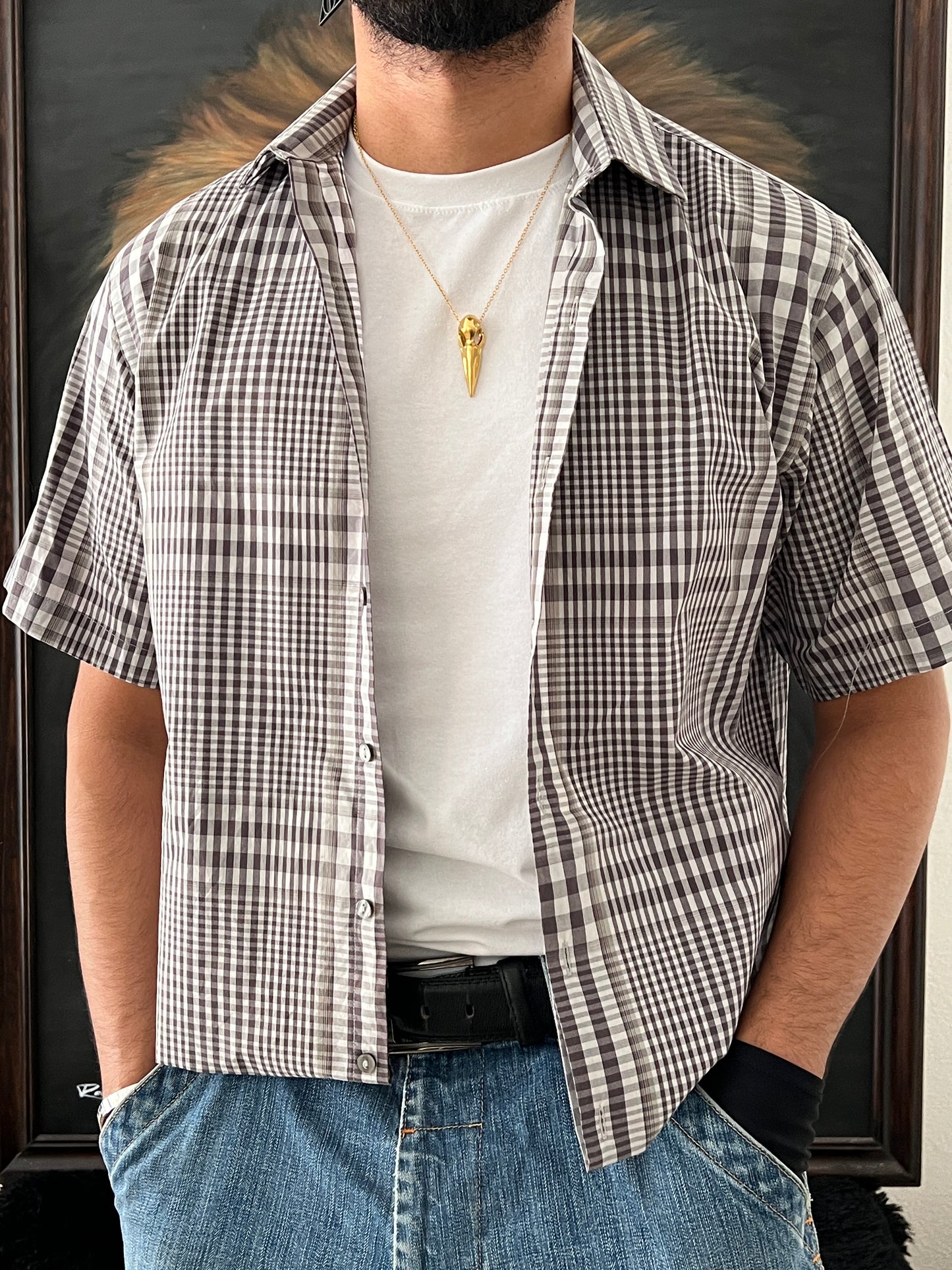 Checked grey shirt / cropped fit (L)