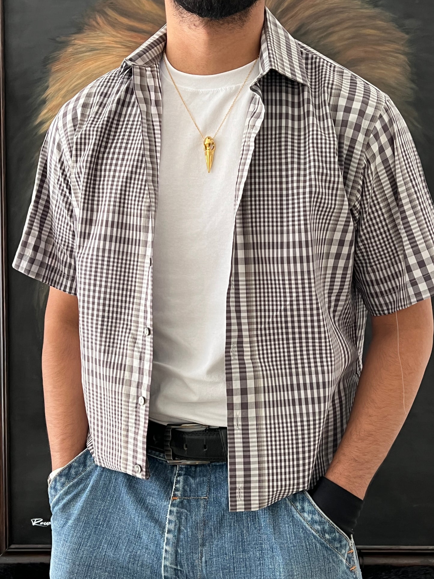 Checked grey shirt / cropped fit (L)